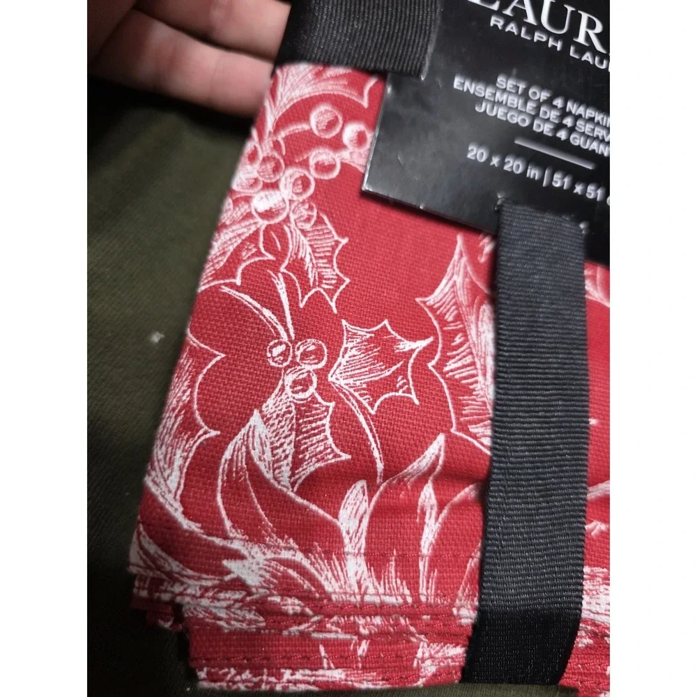 Lauren Ralph Lauren Christmas Napkins‎ Set 4 Red Holly 20x20 Cotton NWT